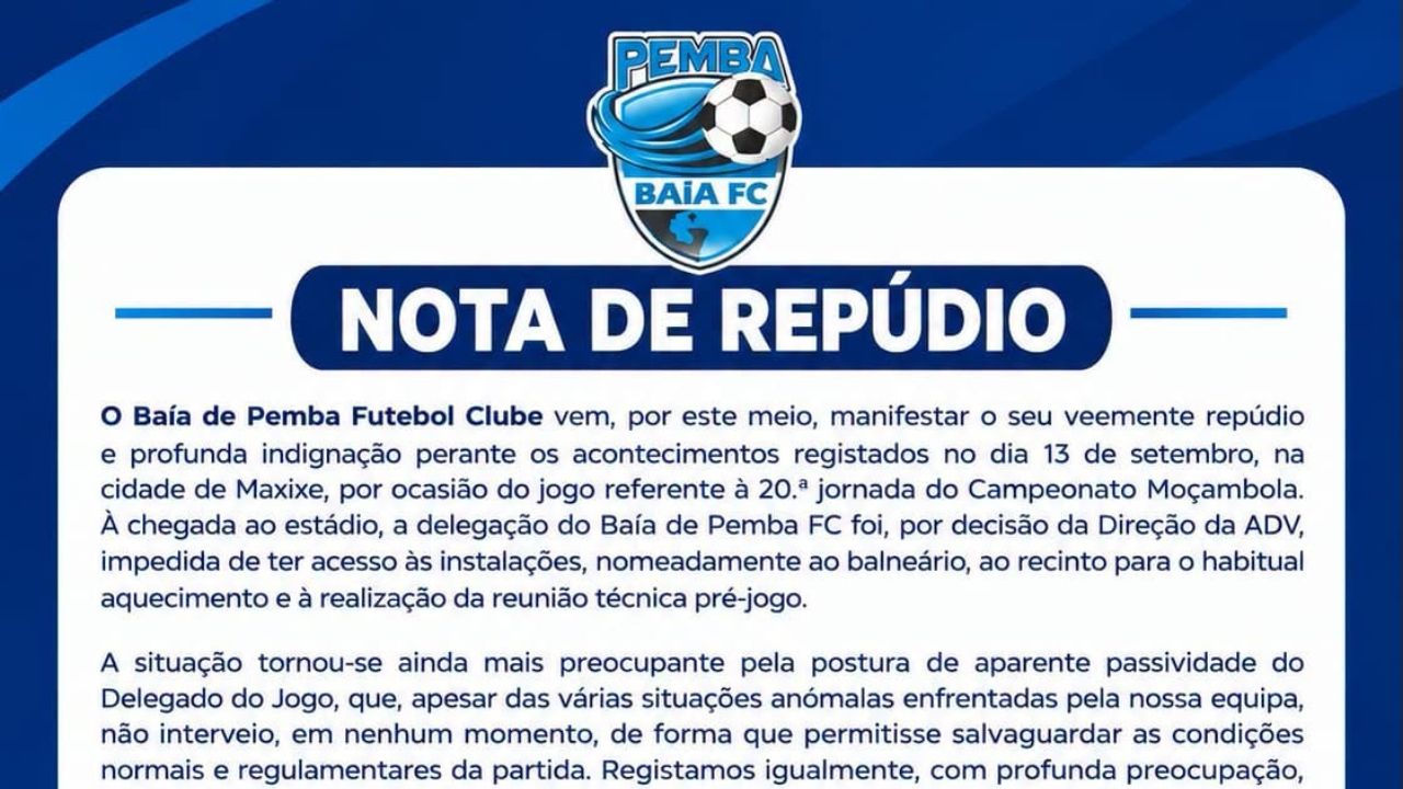 Capa - Baía de Pemba FC denuncia tratamento irregular no jogo em Maxixe